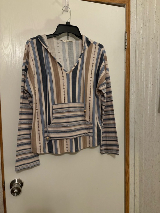 Pie In The Sky Tops - Striped Hooded Pullover Sweatshirt - Blue & Beige